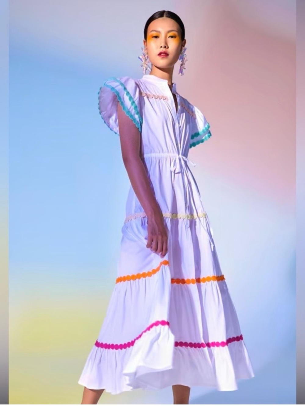 Women’s White Cotton Button-Front Dress with Pink, Green and Yellow Trim